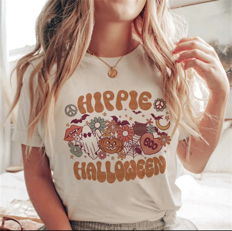 Simple Harajuku New Autumn Halloween Fashion All-match Short-sleeved Cute Fun Pumpkin Print Casual T-shirt Summer Women\'s Print.