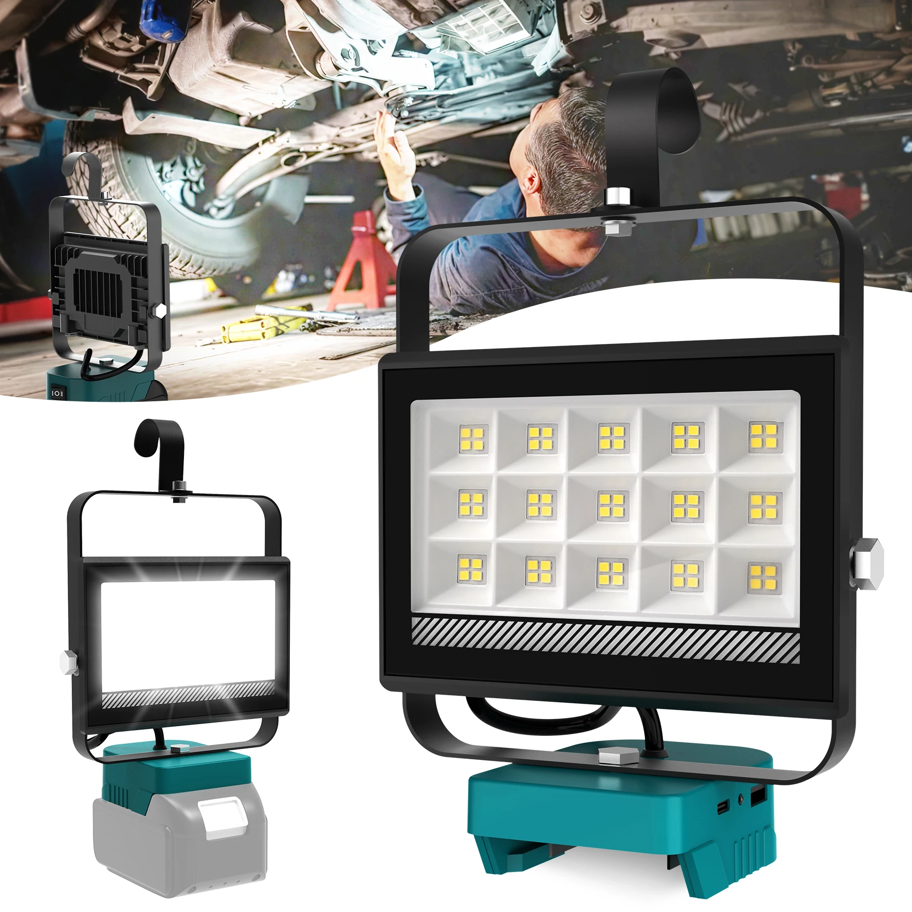 6000LM Tragbares 60-W-LED-Arbeitslicht mit Haken, verstellbarer Basis, wiederaufladbares LED-Flutlicht für Makita 18V-20V Li-Ionen-Akku