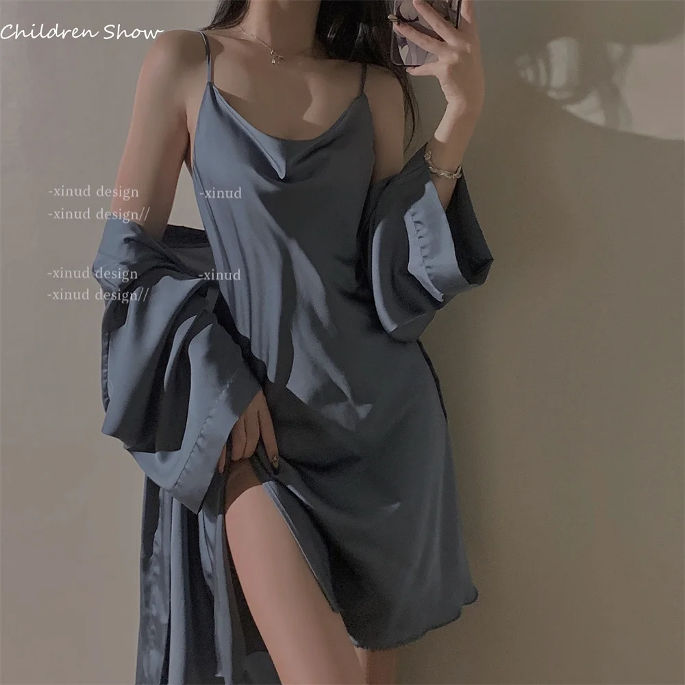 Split Chemise Nightwear Wedding Bride Nightgown Set Female Sexy Robe Set Solid Swing Collar Lingerie Bathrobe Rayon Sleepwear