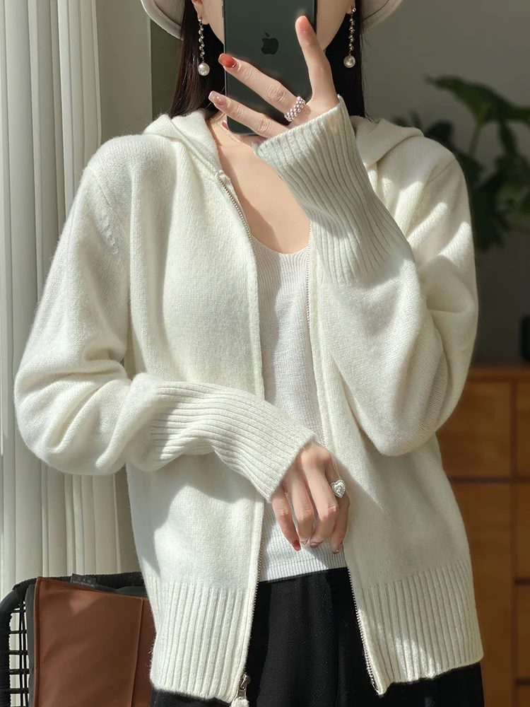 

ADDONEE Women Zipper Hooded Cardigan Casual Cashmere Sweater Autumn Winter 100% Merino Wool Knitwear Korean Popular Clothing Top