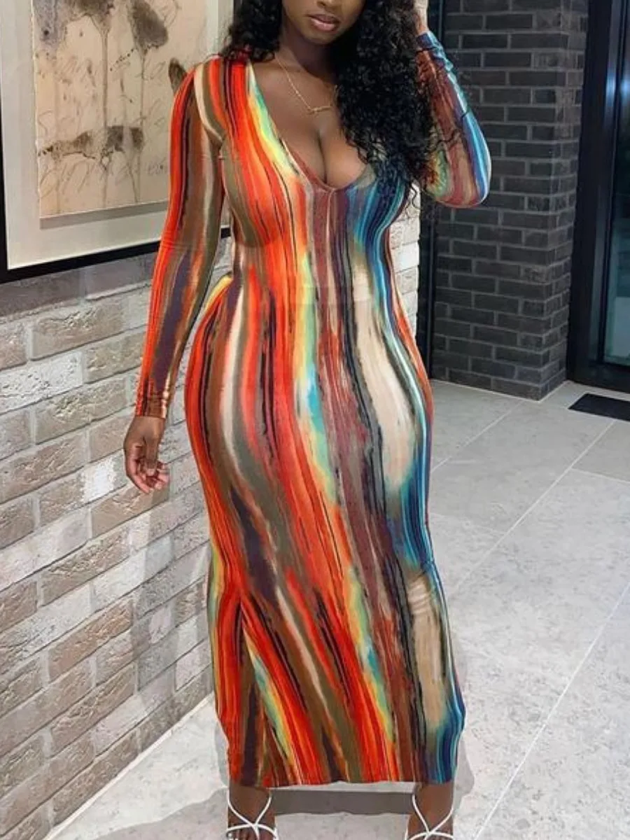 LW Sexy V Neck Tie-dye Bodycon Maxi Dresses Women Long Sleeve Autumn Ankle Length Sheath Body-shaping Cleavage Female Vestidos