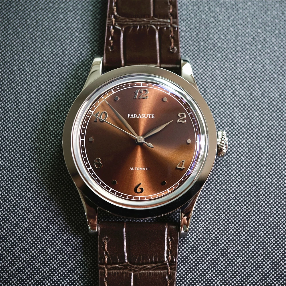 

FARASUTE Men Automatic Watch 38mm Luxury Vintage Watches Mechanical Wristwatch Arched Curved Mirror Leather Strap 821A Retro