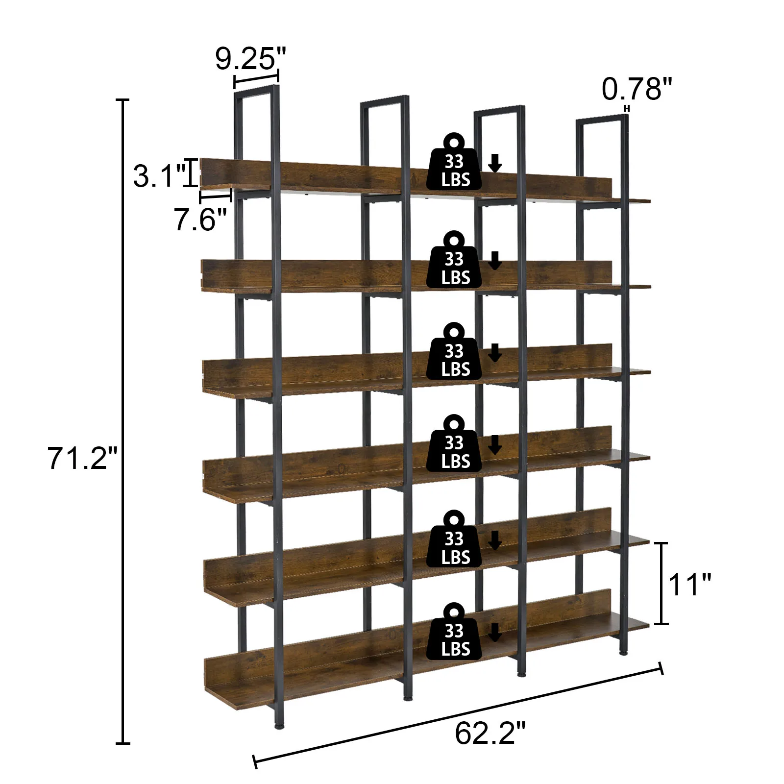 Bookcase and Bookshelves Triple Wide 6 Tiers Large Open Shelves, Vintage Bookcase for Office Home Decoration, Easy to Assemble