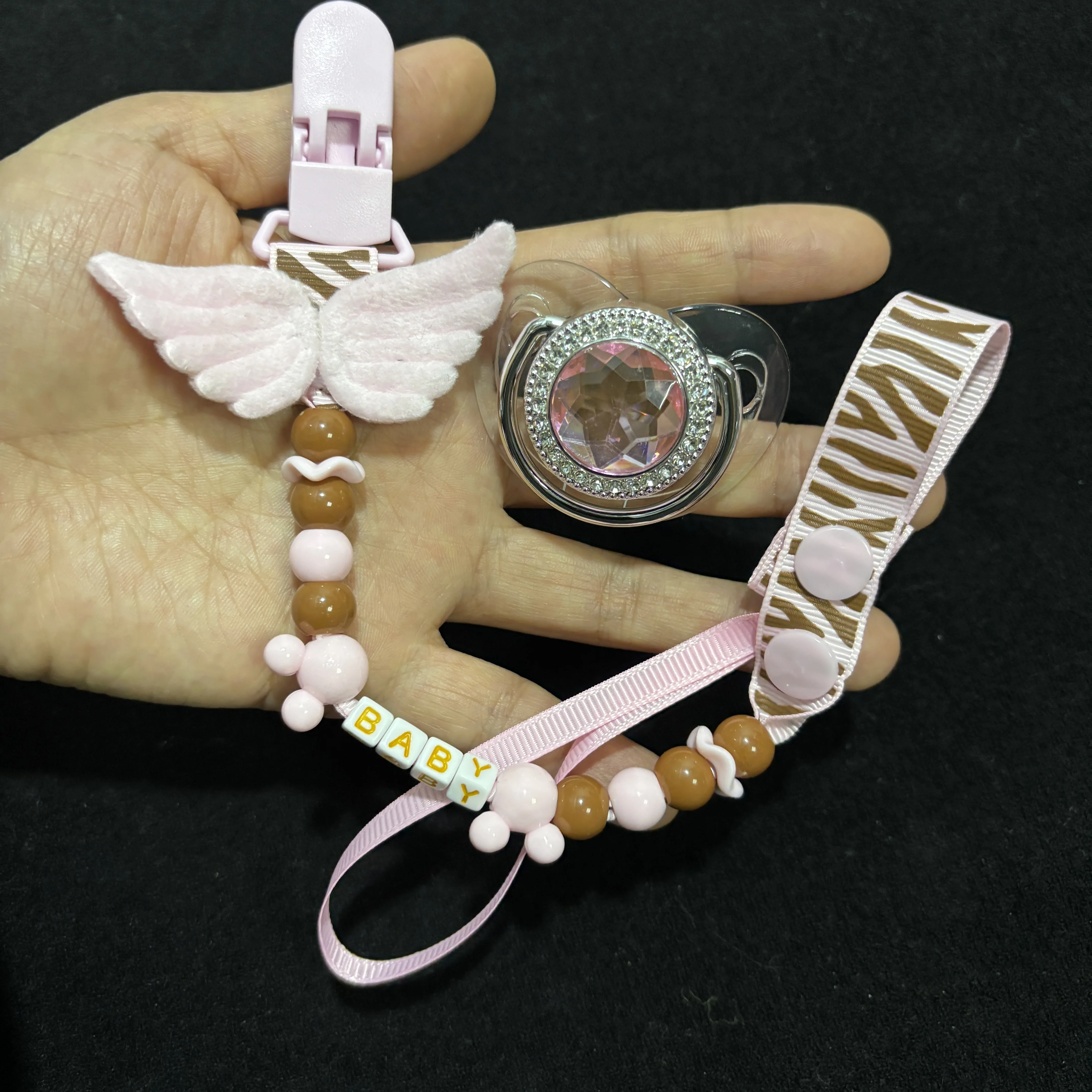 

Luxury Crystal Pacifier Clip Set - Pink Angel Wings & Beaded Chain with BABY Letter Beads for Infant