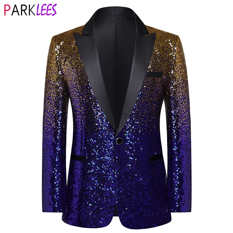 Shiny Gold Purple Sequin Party Dress Blazer for Men Peak Collar One Button Suit Jacket Mens Wedding Banquet Tuxedo Blazers 3XL