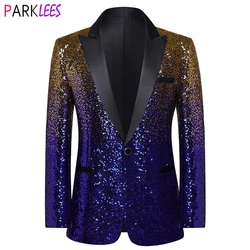 Shiny Gold Purple Sequin Party Dress Blazer for Men Peak Collar One Button Suit Jacket Mens Wedding Banquet Tuxedo Blazers 3XL