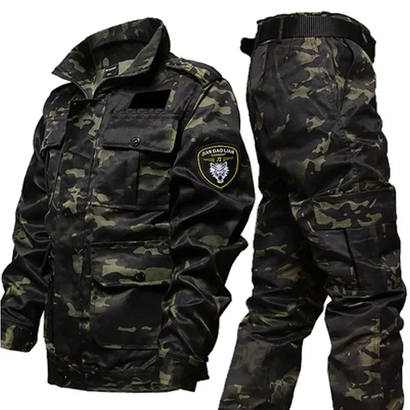 Camo Tactical Sets Men Autumn Wear-resistant Jackets+Multi-pocket Cargo Pants 2 Pcs Suits Outdoor Training Fishing Cargo Set