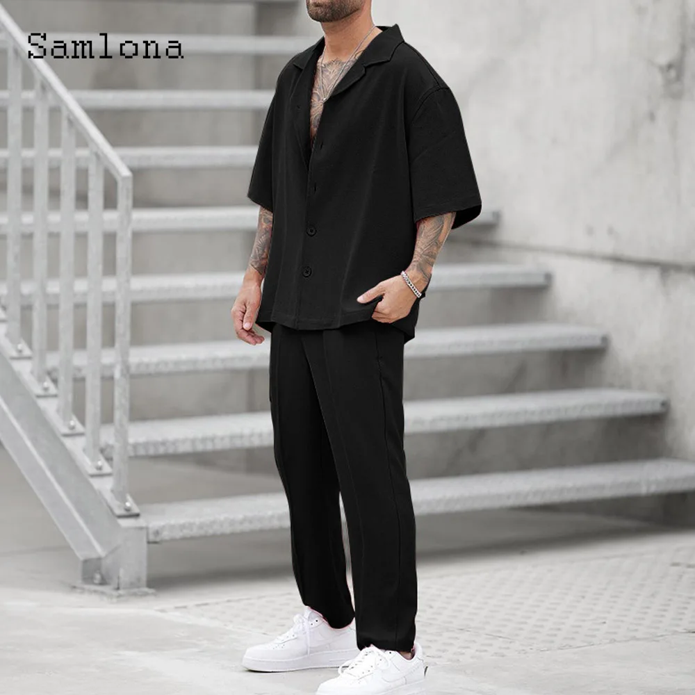 Samlona Plus Size Mens Casual Beach Tracksuit Sets 2024 European Style Two Piece Set Men Vintage Basic Tops and Solid Pants Suit