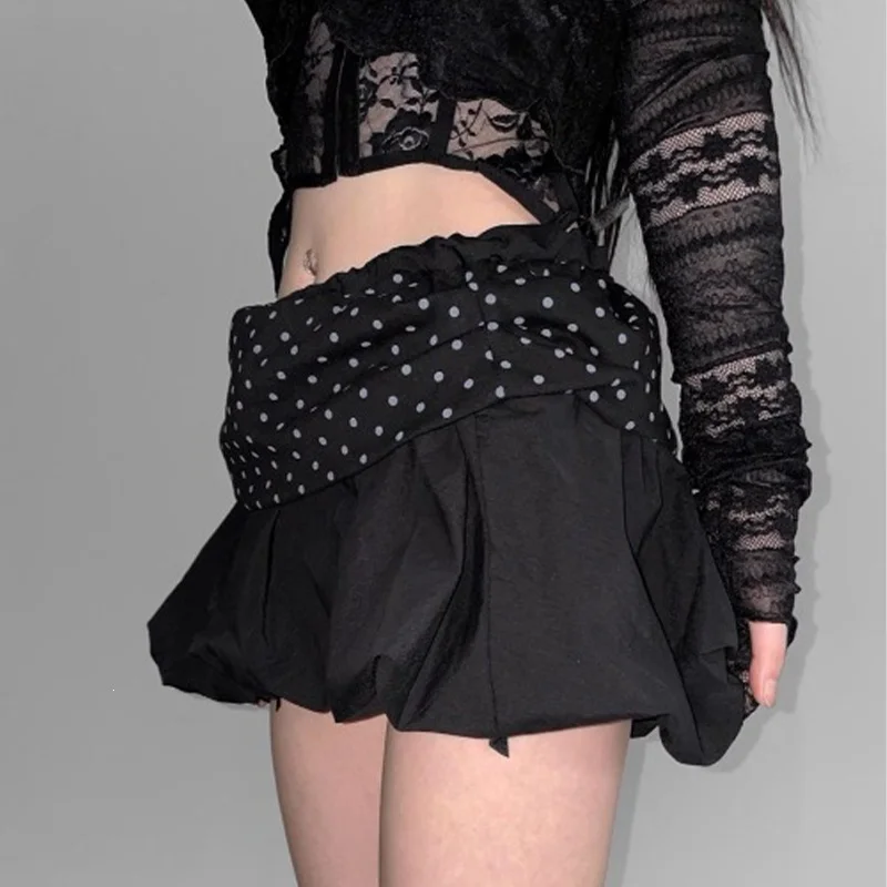 Women's Polka Dot High Waist Bubble Mini Skirt Elastic Puff Balloon Skirt Summer Y2K Streetwear Wide Waist Short Skirt
