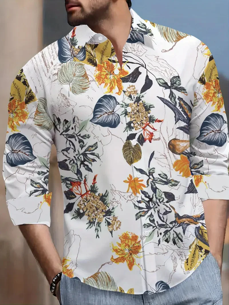 Summer Shirt Hawaiian Men's Chain Xmas Shirt Beach Holiday Long Sleeve Plant Business Casual Casual Men's Shirt Fashion Top
