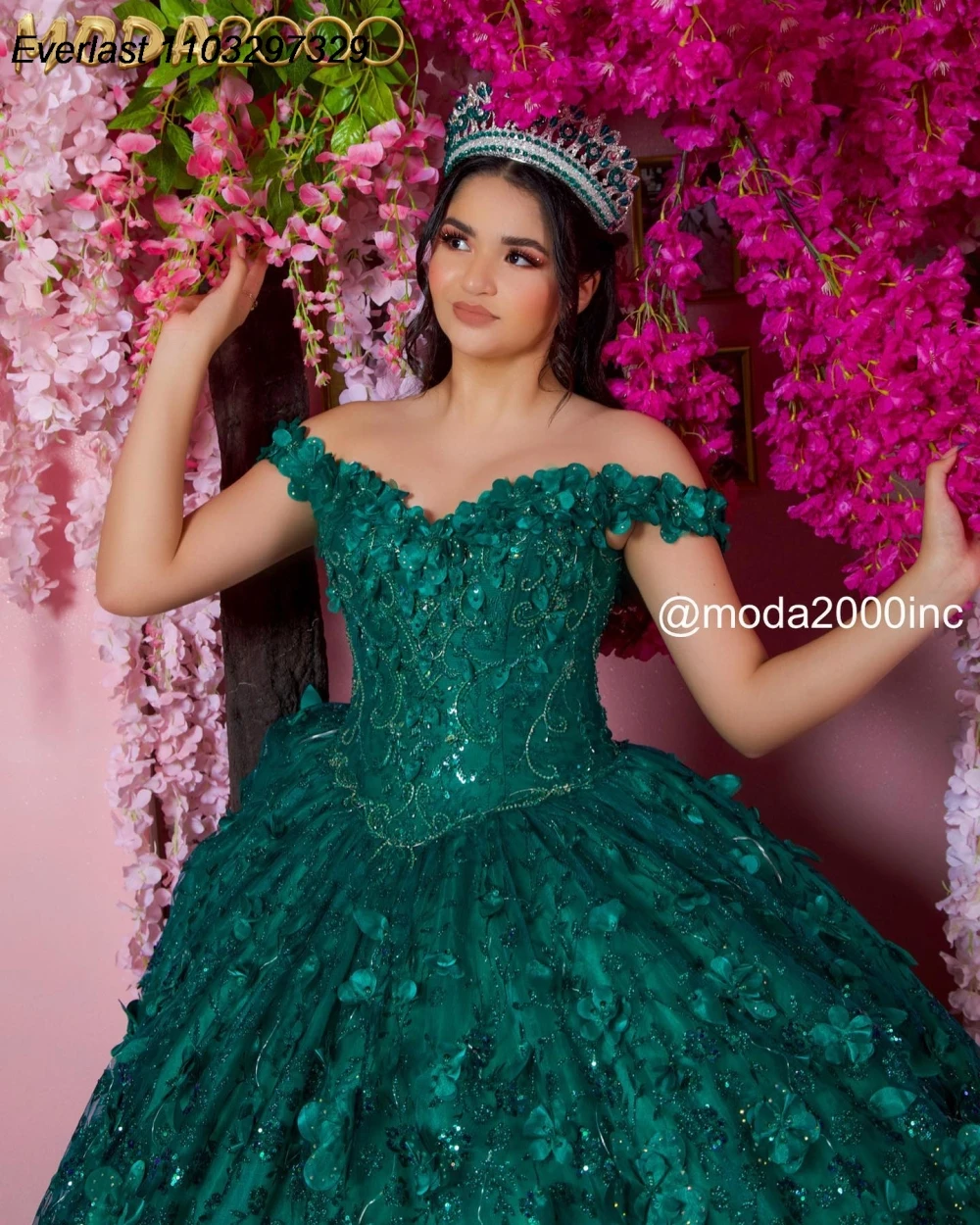 EVLAST Customized Dark Green Quinceanera Dress Ball Gown Shiny Floral Applique Beading Cape Sweet 16 Vestido De 15 Anos TQD956