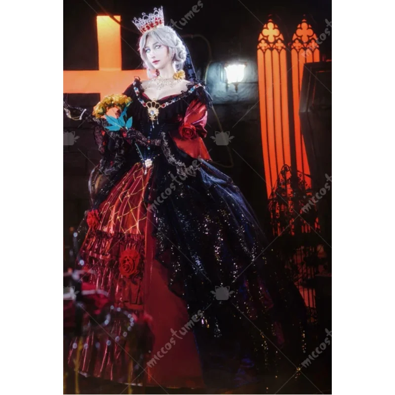 Miccostumes 24 ساعة شحن المرأة ماري الدموي الملكة تأثيري فستان مُصمم حسب الطلب وشاح الرأس مع حزام الخصر والقفازات