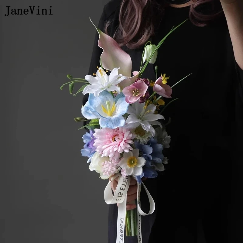 

JaneVini 2025 Newest Pink Blue Wedding Flowers Artificial Silk Bridal Bouquet Calla Lily Bride Hand Accessories Bruiloft Bloemen