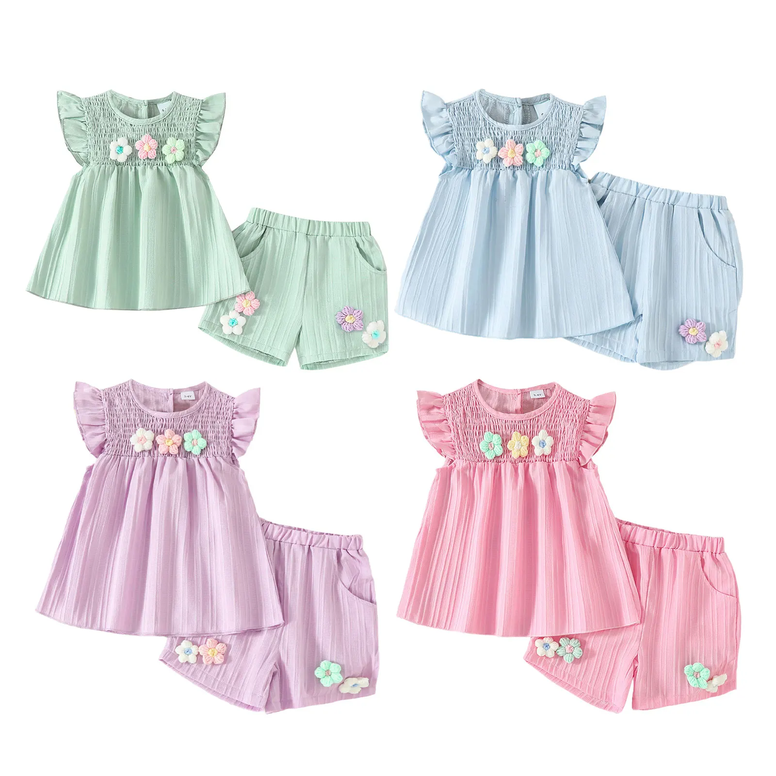 Toddler Baby Girls Ruffled Sleeveless Cute Flowers Embellished Tops with Elastic Waistband Shorts Summer Holiday Clothes Sets