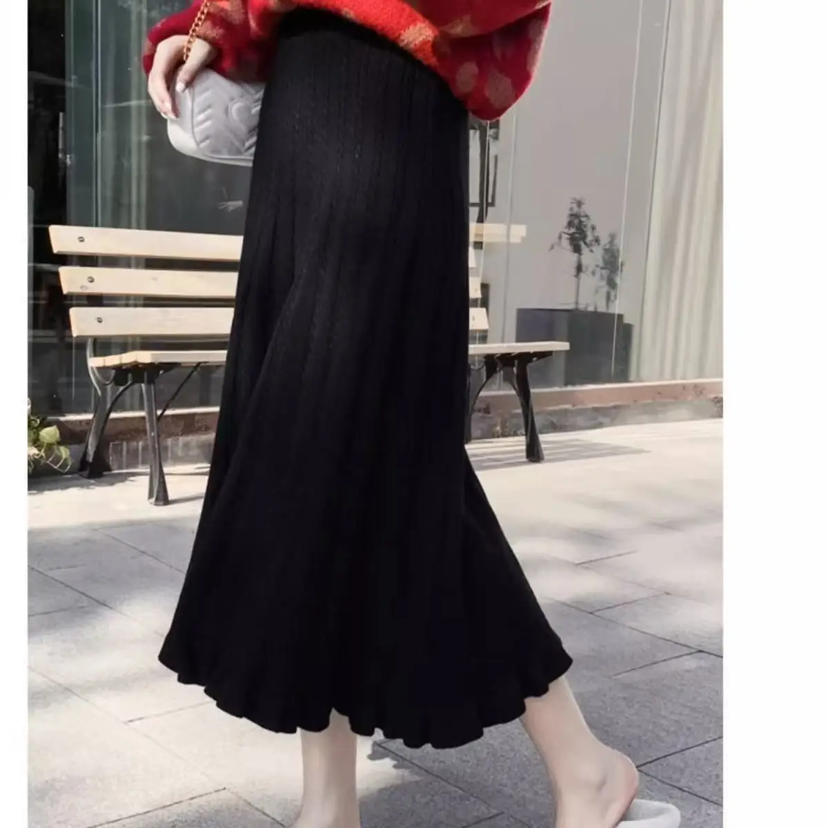 2026 New High Waist Thick Knitted Skirt for Women's Wool Skirt Autumn Winter Elastic Ladies Ruffles Pleated Skirts