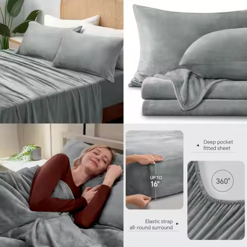 Flannel Sheets Size - Super Soft Fleece Sheets Set Fluffy Extra Plush, 4 Piece Include Fitted S... product image