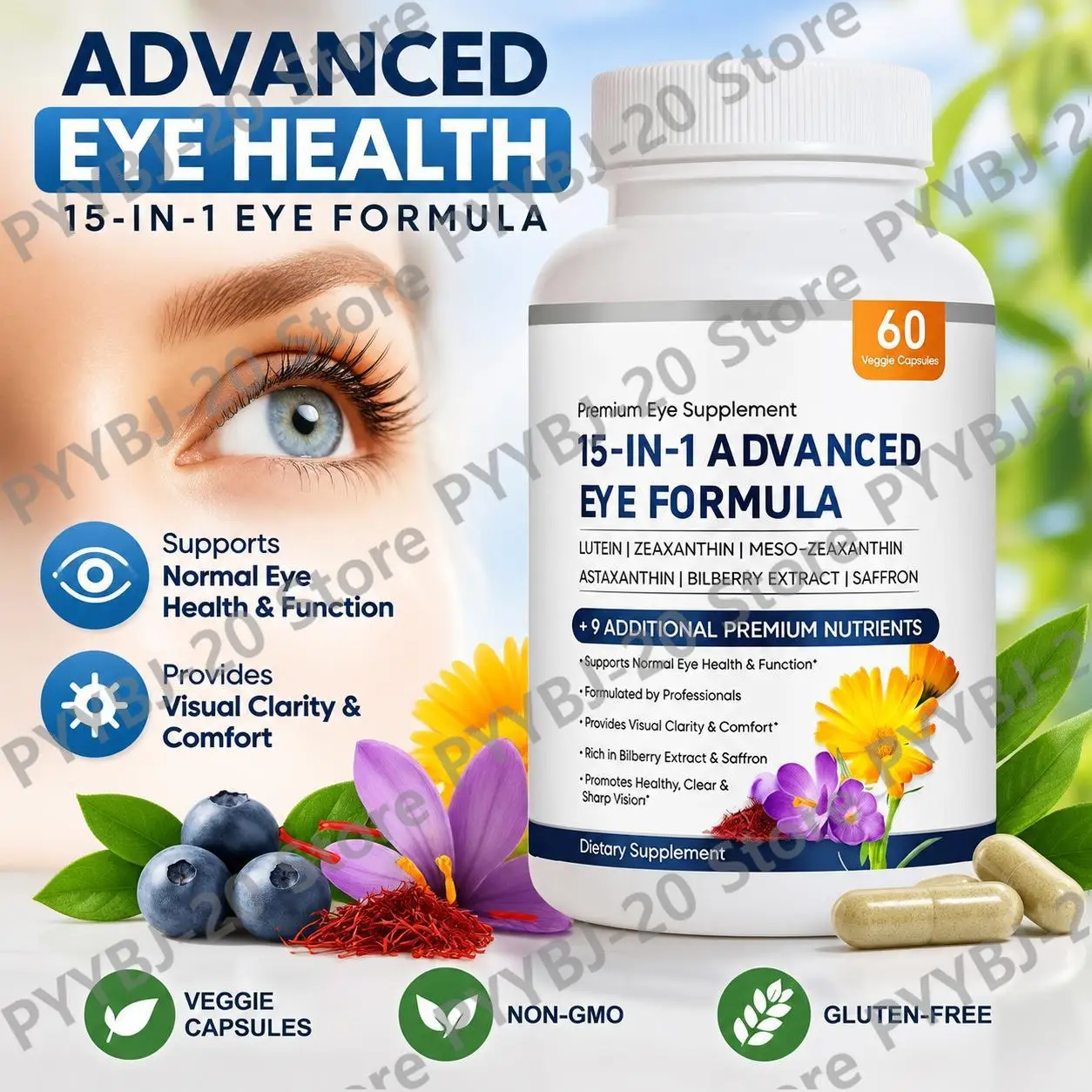 15-IN-1 Eye Formula Capsules Supports Normal Eye Health with Ginkgo Biloba Extract, Alpha-Lipoic Acid and Taurine 60 Capsules
