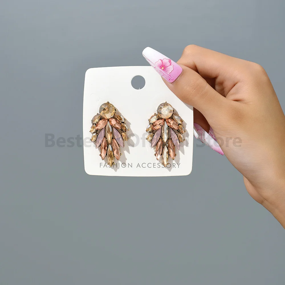 Elegant Multicolour Geometric Earrings For Women Rhinestones Luxurious Charm Fashionable Jewelry Popular Accessories Wholesale