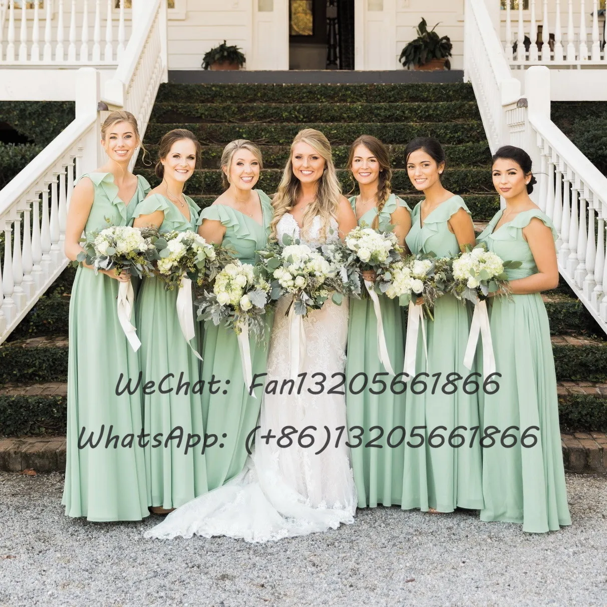 Sage Green A-line Bridesmaid Dresses Chiffon V-neck Ruffles Long Wedding Party Dress For Women Formal Maid Of Honor