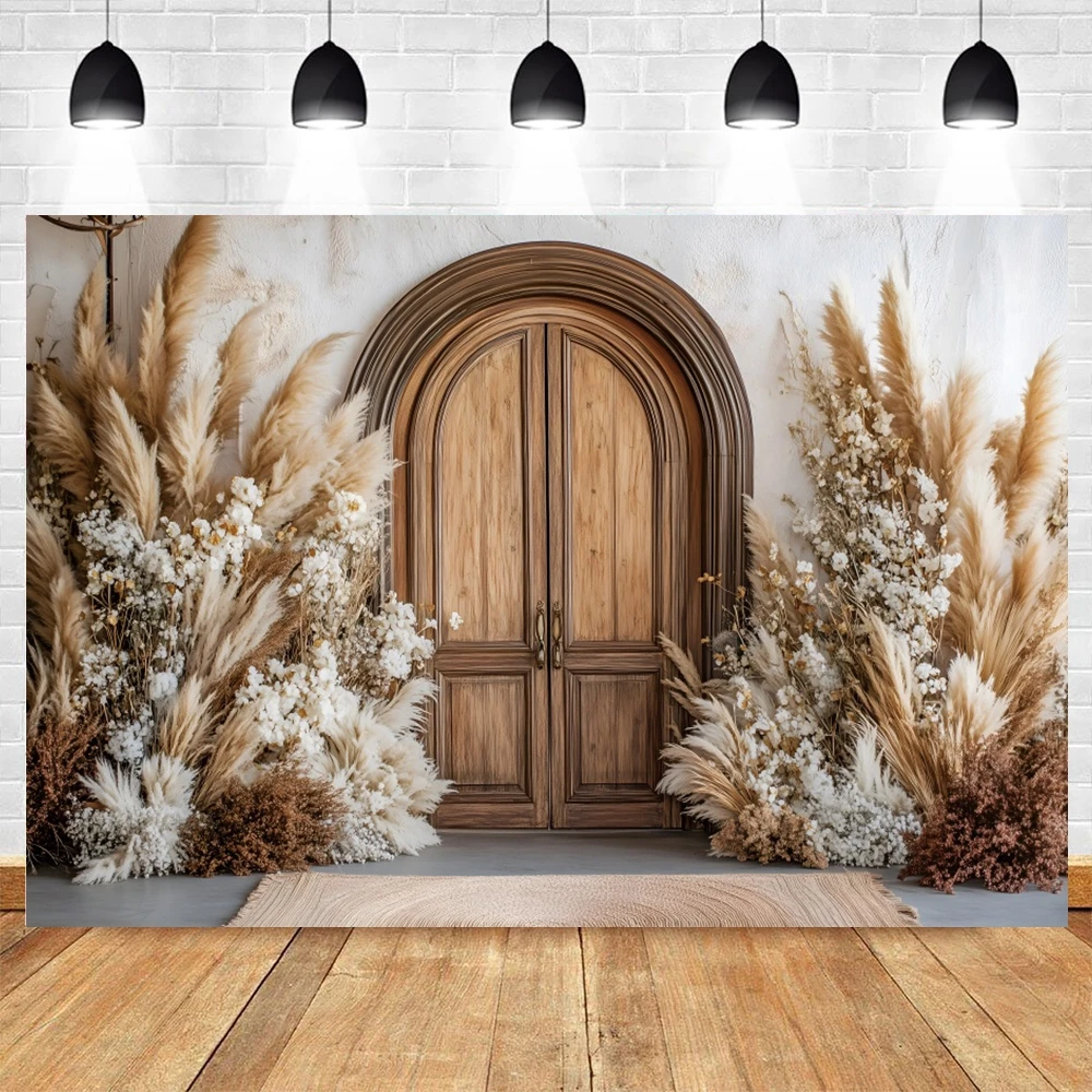 Boho Pampas Wood Door Backdrop Interior Kids Birthday Party Wedding Portrait Pregnant Photography Background Decor Photo Studio