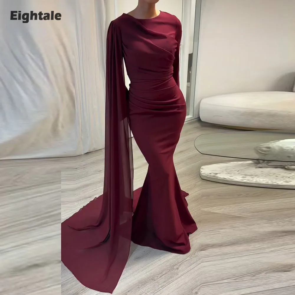 Vestido de noche árabe Eightale, vestido de fiesta con cuello redondo, personalizado, color burdeos, manga larga, largo hasta el suelo, estilo sirena, para fiesta de boda