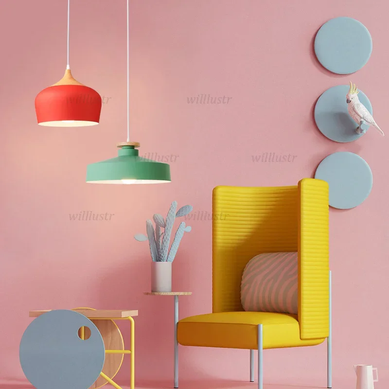 Macaron Color Metal Pendant Lamp Wood Ceiling Chandelier for Cafe Bakery Shop Hotel Blue Green Pink Gray Suspension Lighting