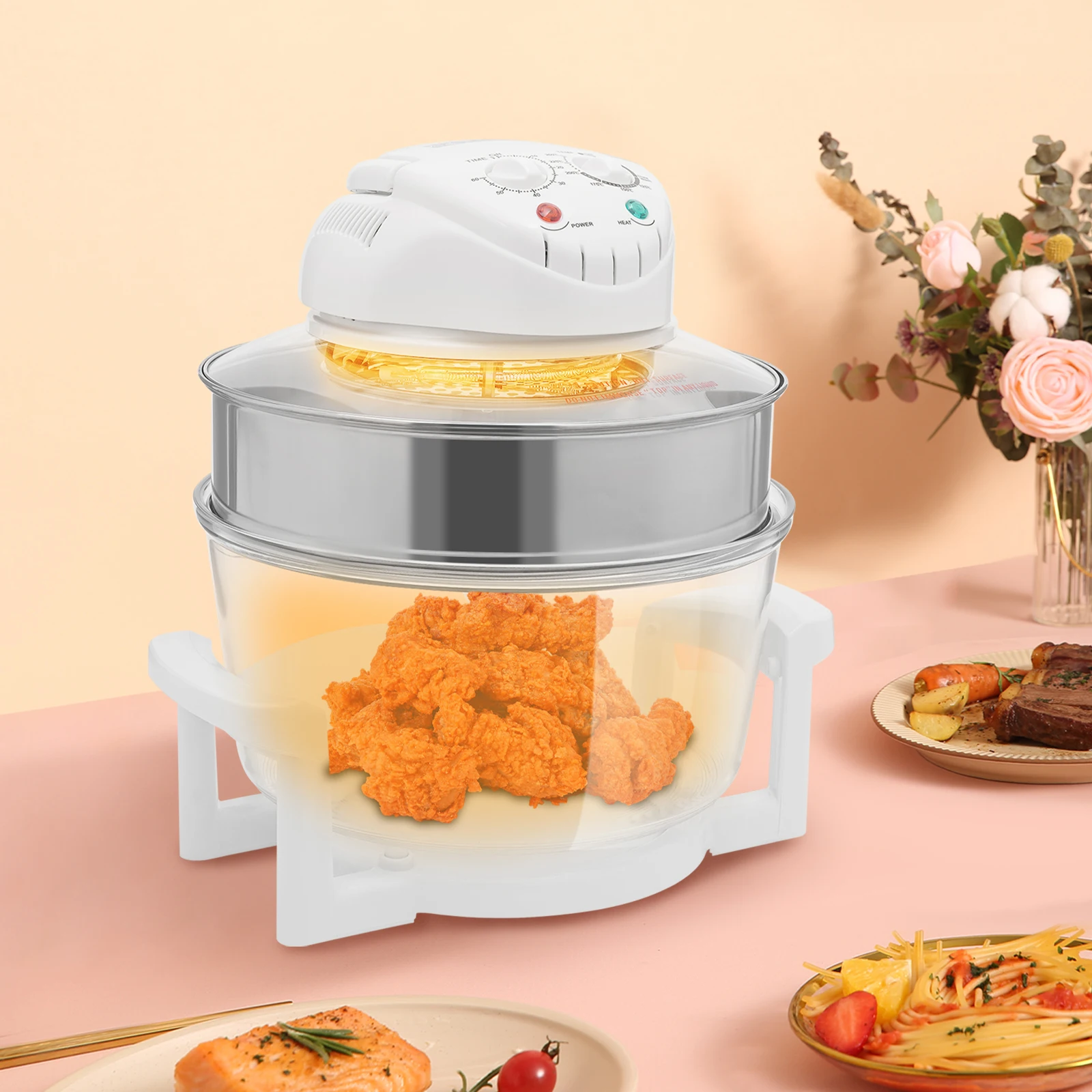 

360° Glass Air Fryer non Toxic Glass Airfryer w/ 2 Grills,17.96Qt/17L Air Fryer, 60-Min Timer, 0℃-250℃ Halogen and Hot‑Air 110V