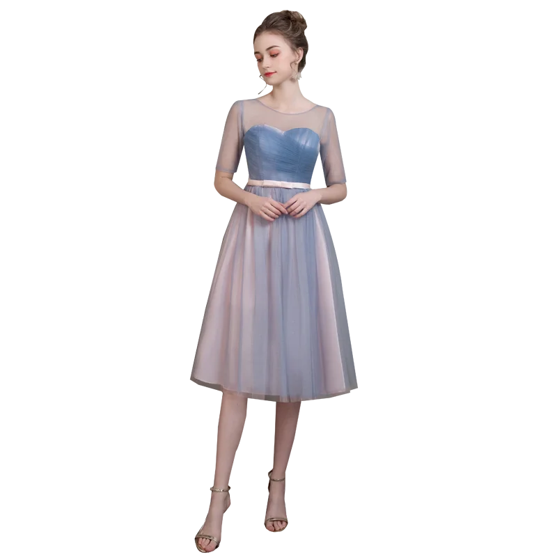 Reject Return M79 Wedding Party Dress Grey Blue Tulle Mesh Net And Pink Satin Knee-Length Bridesmaid Dresses