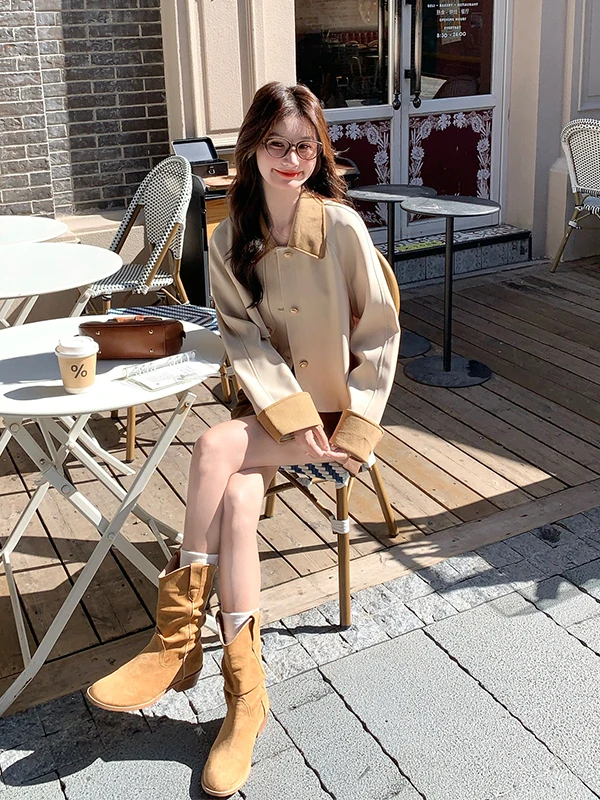 

Женская вельветовая куртка-пальто с цветными вставками, весна-осень 2025, новинка, маленький размер, элегантный корейский стиль, прямой крой