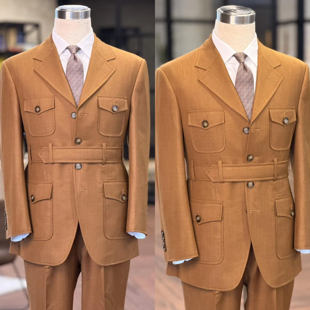 Classic Khaki Safari Suit with Buttoned Flap Pockets and Belted Waist Men Autumn Vintage Blazer Pants Customized M266808