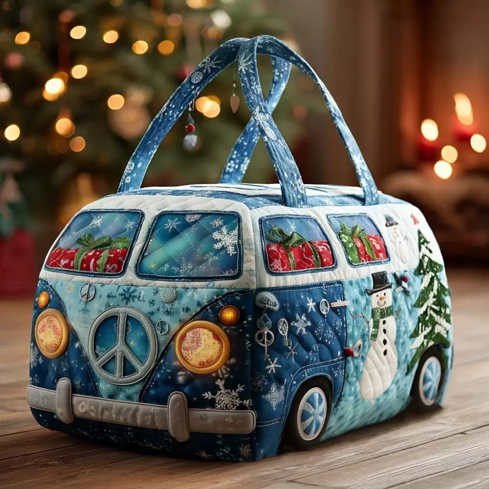 Hippie Camper Car Print Quilted Duffle Bag Boho Quilted Weekender Travel Bag, Retro Outdoor Carry-On for Gym & Overnight Trips