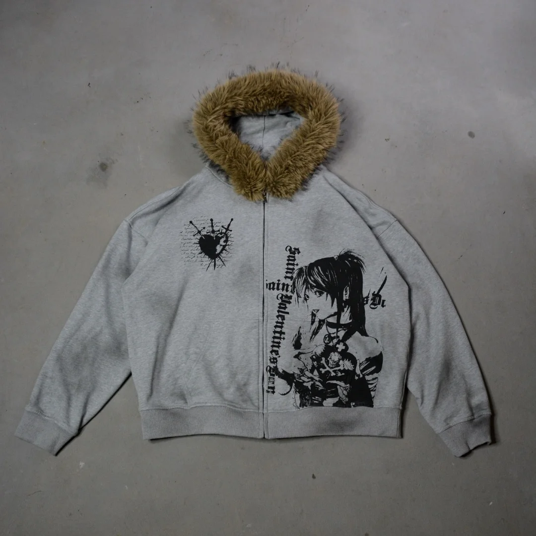 2025 autumn/winter American subculture cartoon print Gothic spicy girl fur collar hooded sweatshirt Y2K fashion street top