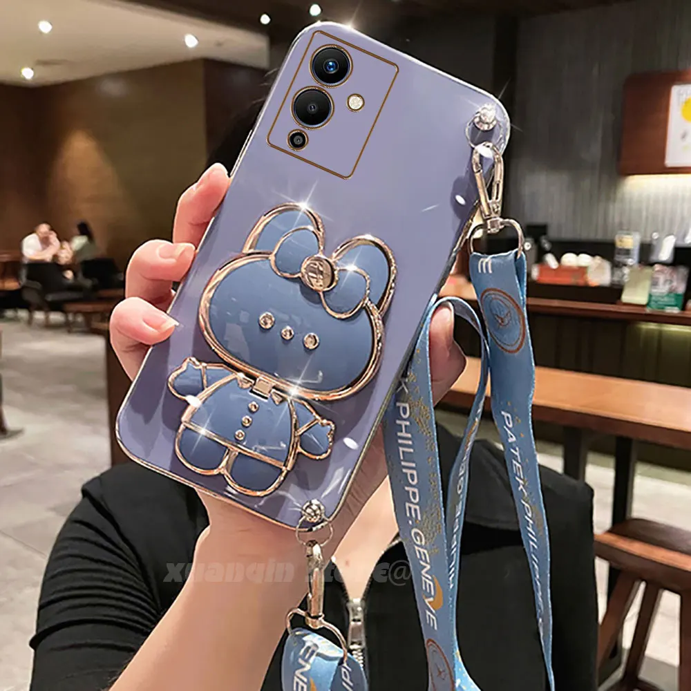 For Infinix Note 12 Pro 5G X671B Phone Case Soft Silicone Plating Cartoon Rabbit Fold Stand Makeup Mirror Bracket Cover