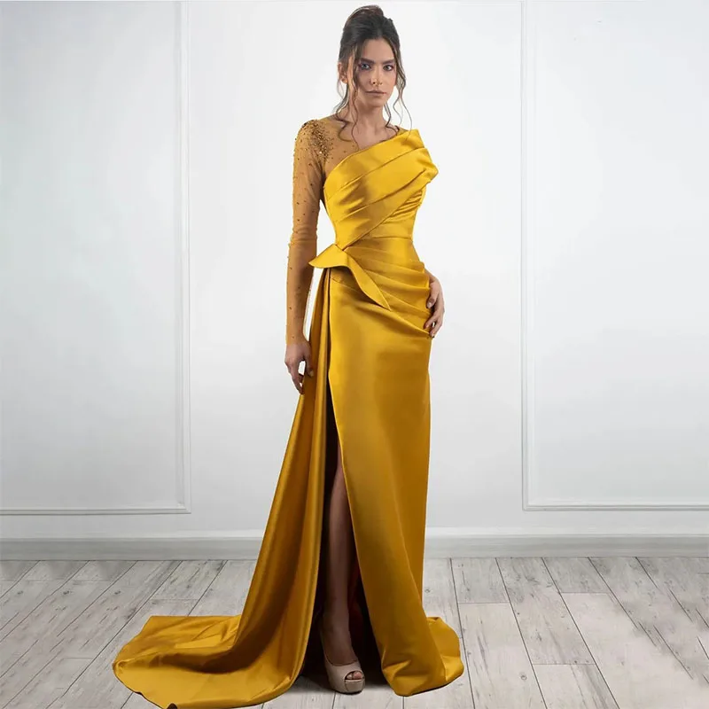 

Sexy One Shoulder Evening Dresses With Slit Mermaid Party Prom Pleats Formal Long Red Carpet Dress For Special Occasions