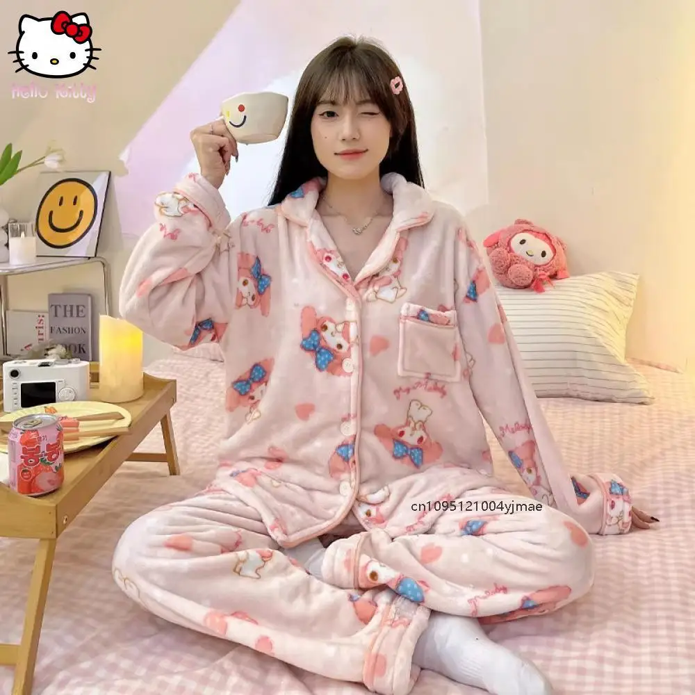 

Sanrio Hot Girl Flannel Cardigan Flip Collar Keep Warm Pajama Set Comic Student Thickening Go Out Leisure Wear Kawaii My Melody
