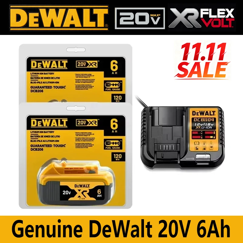100% оригинальная батарея DEWALT 20 В 6,0 Ач 5 Ач DCB206 DCB205 с комплектом быстрого зарядного устройства DCB1104, аккумуляторная батарея 20 В MAX