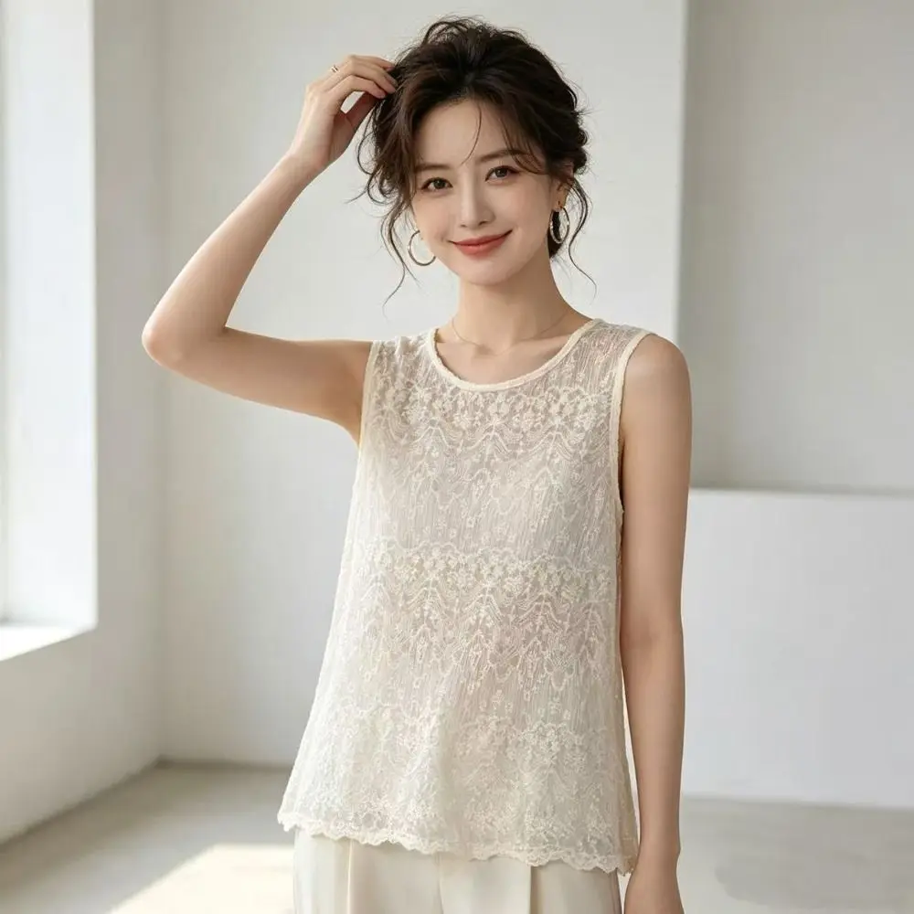 Stylish Crochet Lace Lace Tank Top Loose Fit Semi Sheer Lace Cover Up U Neck Sleeveless Top
