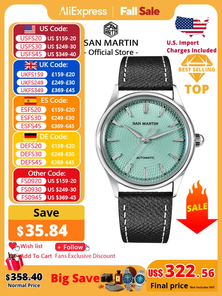 

San Martin 37mm Men Dress Watch 3D Textured Dial ST1812 Casual Fashion Automatic Mechanical Sapphire Clear Caseback SN0110