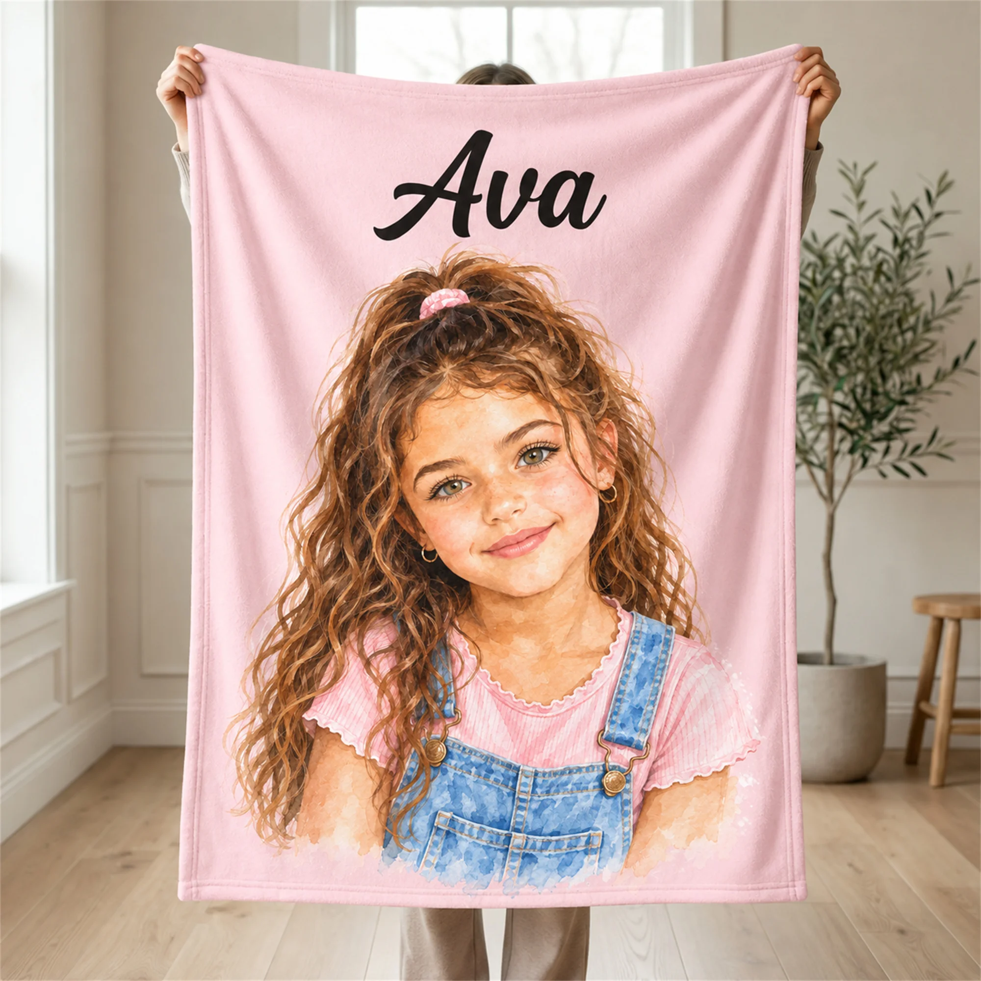 Custom Photo Blanket, Personalized Watercolor Portrait Flannel Throw for Teens and Kids Gift
