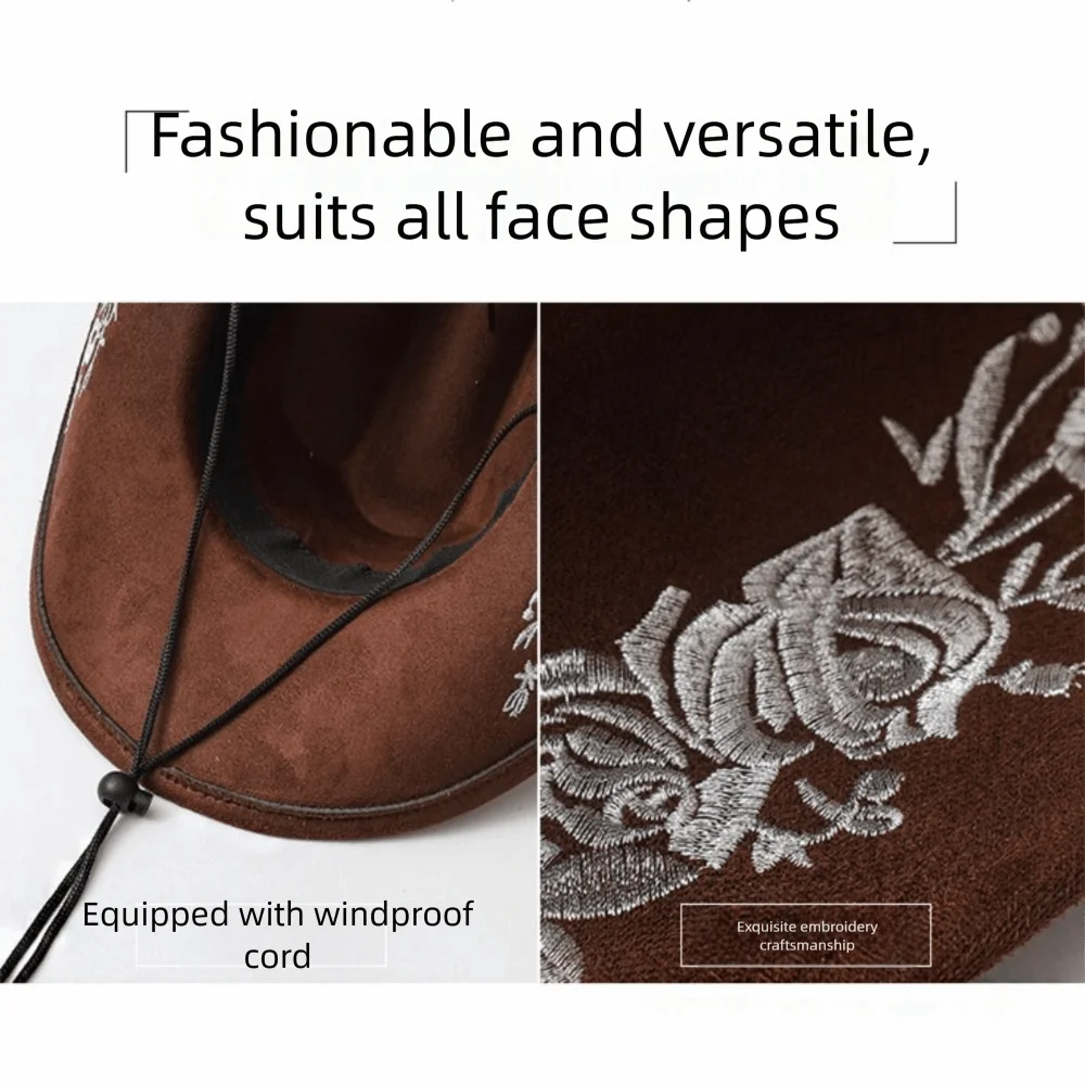 Sombrero de copa de fieltro bordado de ala grande, gorra de rendimiento para ocasiones formales, sombreros de lana, sombreros de Jazz, decoración de flores bordadas