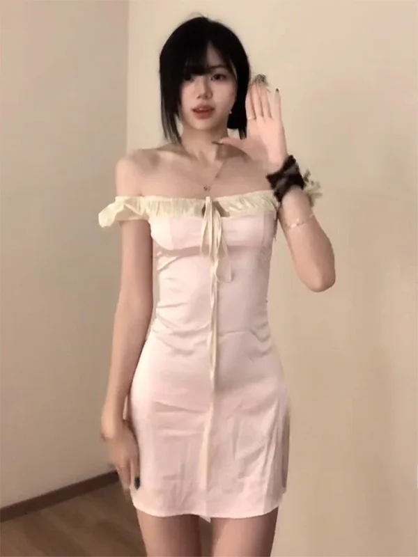 Vestido Corto Sexy Estilo Francés para Mujer, Verano, Escote Bajo, Lazo en la Cintura, Falda Ajustada, Bloques de Color, Cuel...