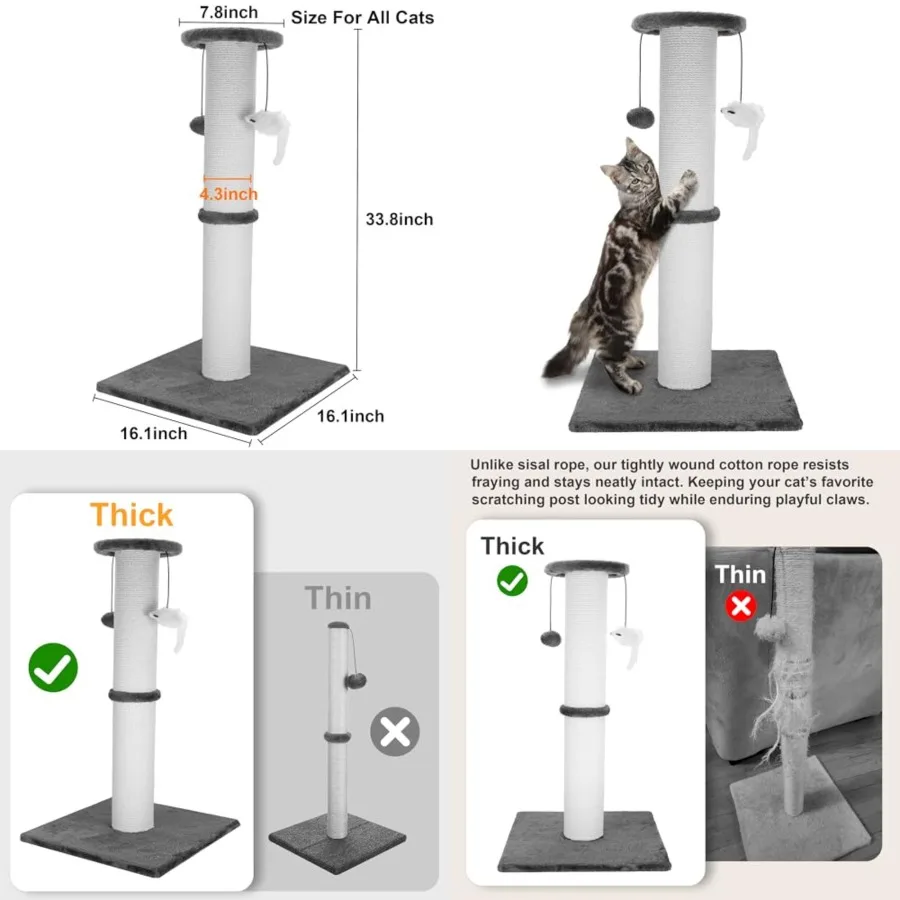 

Cat Scratching Post 34 Inch Heavy Duty and Thicker Cat Scratching Post Cotton Rope with Hanging Ball and Mice Scratching Post f