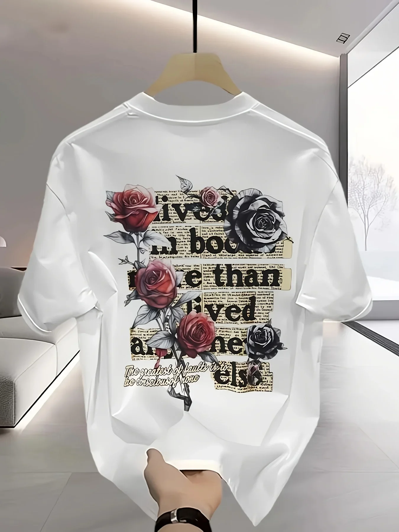 Men's Dark Romance T Shirt Rose Flower Newspaper Graphic Print Vintage Gothic Streetwear Oversized Summer Top
