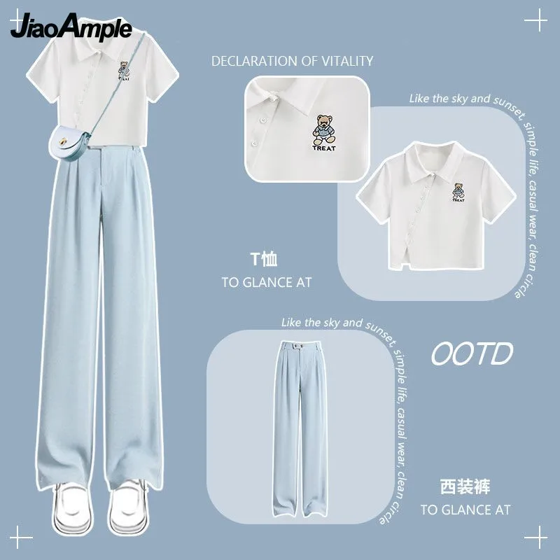 2024 Summer New in Matching Set Women\'s Cute Short Sleeve T-shirt Casual Suit Pants Two Piece Korean Elegant Tracksuit Suits