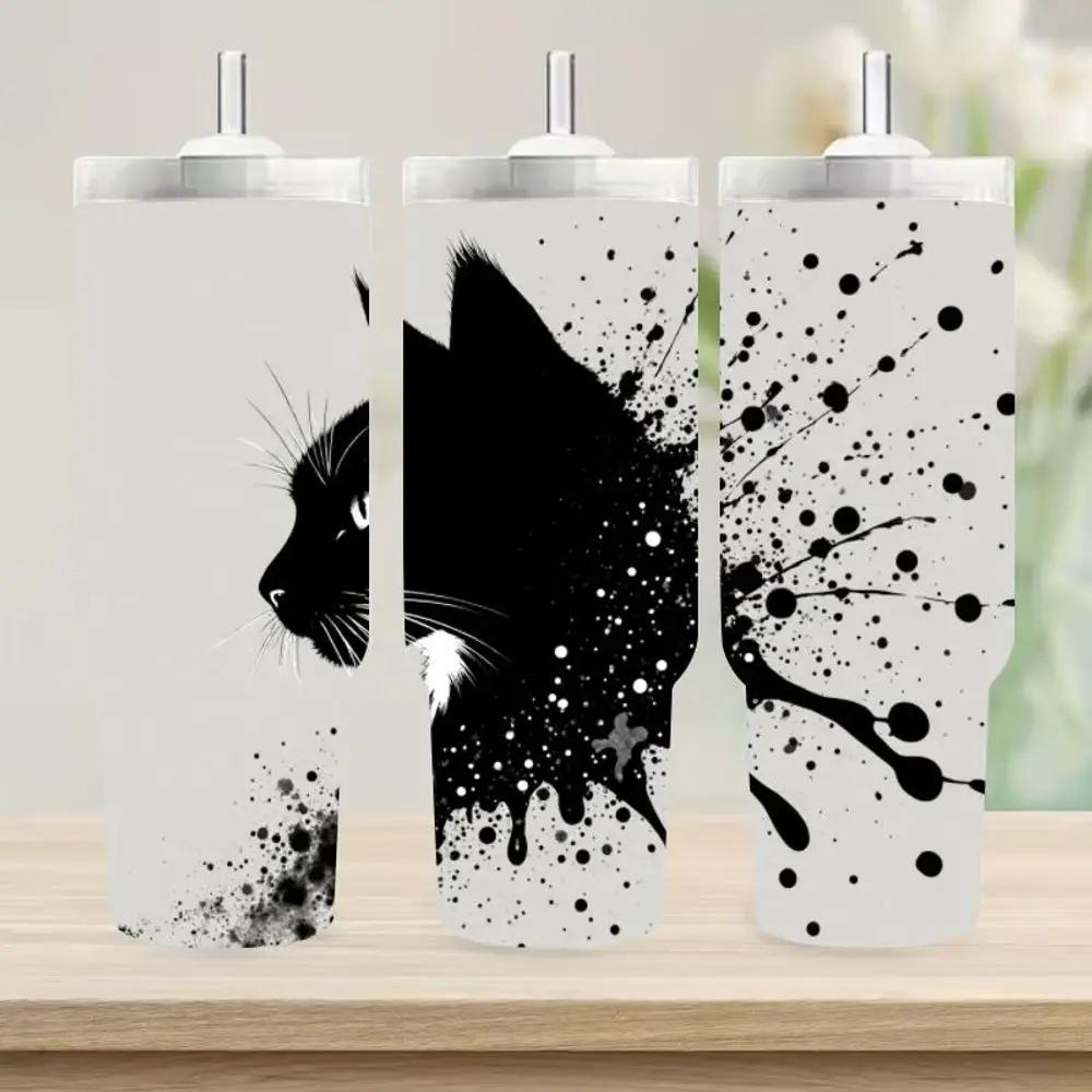 

1PC 40oz Black & White Cat Silhouette Insulated Mug, Abstract Ink Splatter Coffee Travel Mug, Double-Wall Thermal Mug, Car Offic