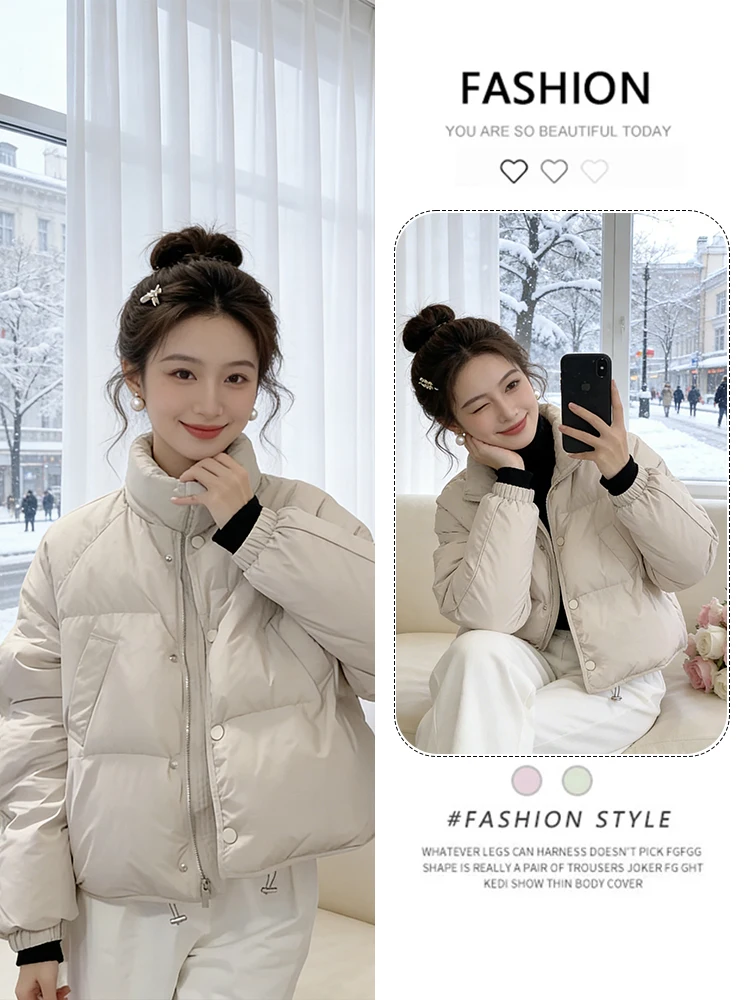 

Модная утепленная короткая хлопковая куртка для женщин, зимняя верхняя одежда с воротником-стойкой, универсальная, в корейском стиле, с длинными рукавами, на молнии.