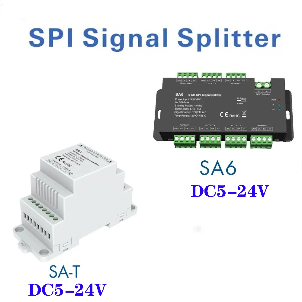 

SA6 SPI Signal Splitter 6CH TLL Amplifier Repeater For WS2811 WS2812 2813 2815 RGB RGBW Addressable LED Strip 5-24VDC