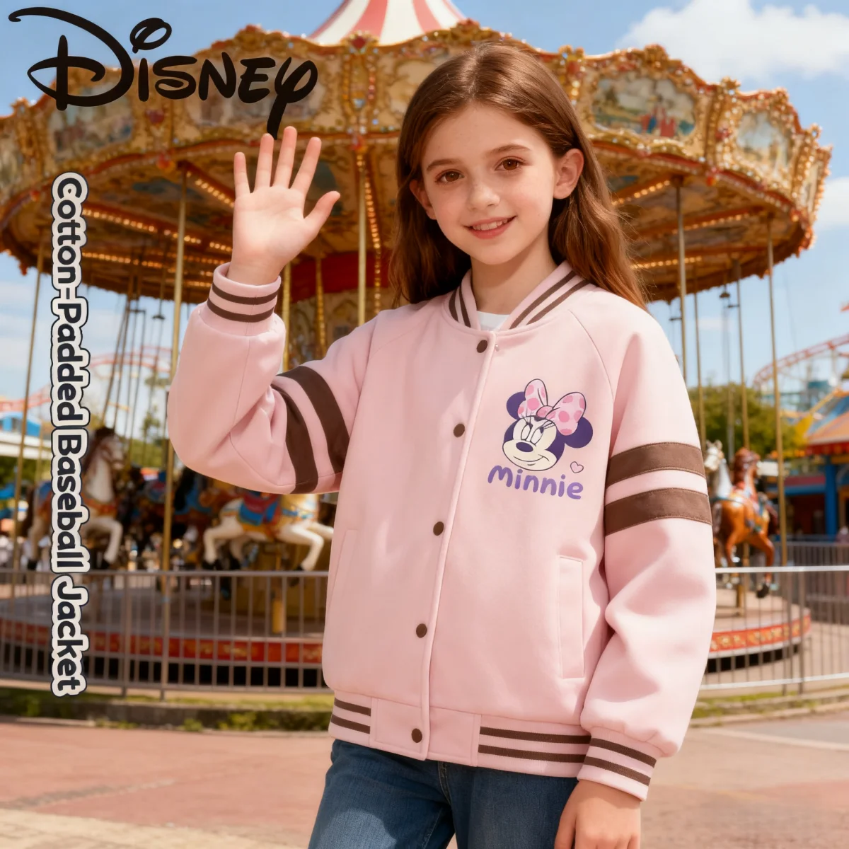 Kurtka baseballowa dla dziewczynek Disney, ocieplana bawełną, różowa, wzór Minnie, wiatroodporna odzież wierzchnia, jesienno-zimowa kurtka odporna na zimno.