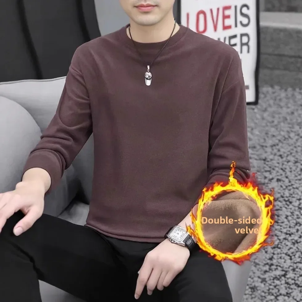 

Thickened Double-sided Velvet Long Sleeve T-shirt Men's Underwear Solid Color Fleece-lined Heavyweight Crew Neck Base Shirt