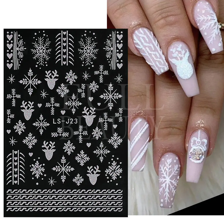 Glitter Christmas 3D Nails Stickers Snowflakes Xmas Elk Winter Snow Sliders Shiny Powder Design Heart French Nail Decals LS-J21